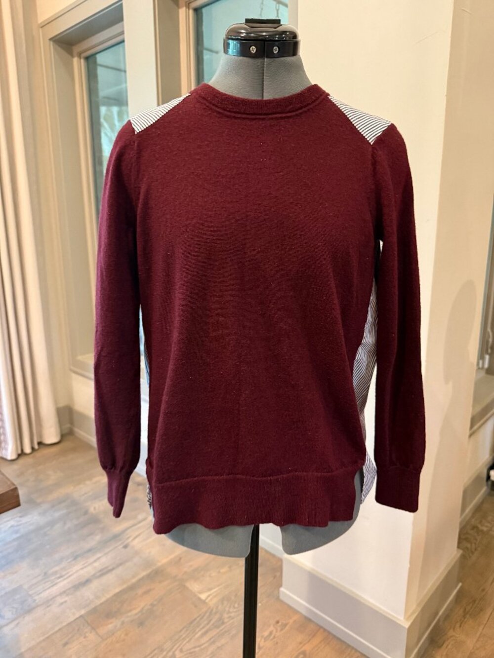 J. Crew Mixed Media Merino Wool Sweater Maroon Stripe Size Small